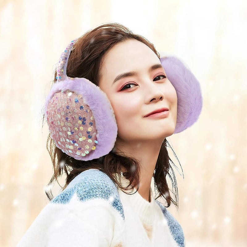 ACTLATI Girl Winter Earmuffs Sequin Shiny Outdoor Ear Warmers Fluffy Muffs Cute Faux Fur Earmuff for Kids Adult Women - Image 3
